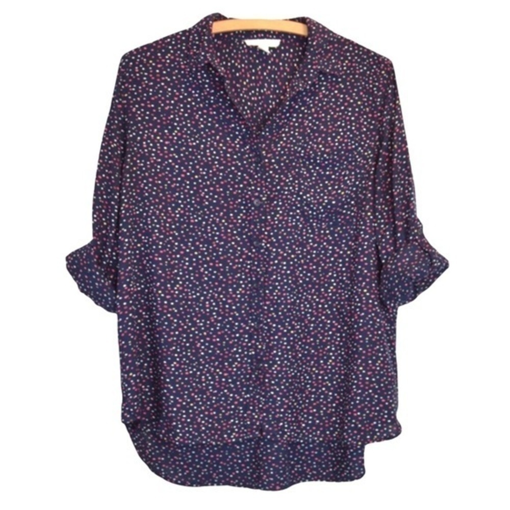 BeachLunchLounge Hi Lo Dot‎ Print Button Down Blouse Roll Tab Sleeve Size Small